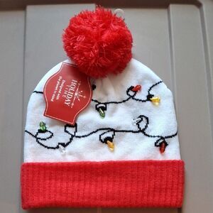 Holiday Time Red and White Pom Pom Hat with Light Design (Hat010)